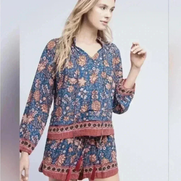 NAT Natalie Martin Size Medium Lola Blue Floral Blouse Bohemian Boho - Picture 2 of 9